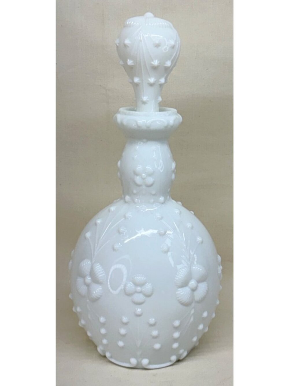Vintage Fostoria Milk Glass Scrolls Flowers Vanity Dresser Barber Cologne Bottle